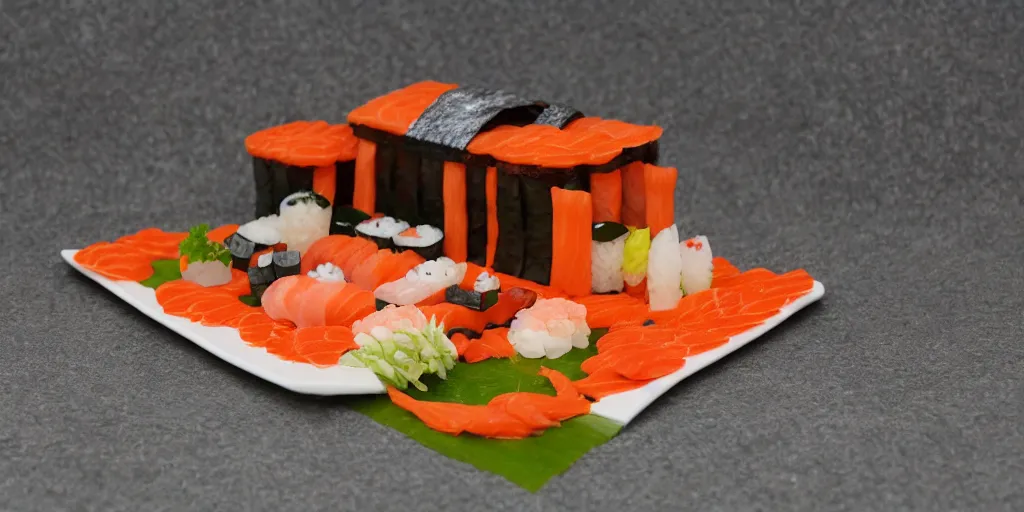 Image similar to a house made out of sushi, 4k, 35mm