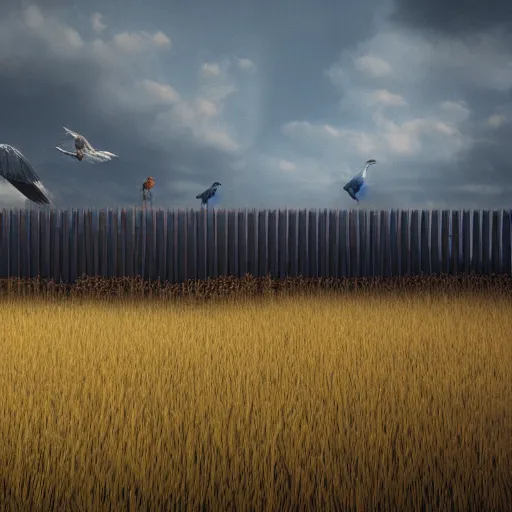 Image similar to an endless fence that is 1 0 0 0 feet tall, in a field with rolling hills, birds high in the sky, dystopian, rim, masterpiece oil painting, octane render, by barlowe, by kincaid 4 k