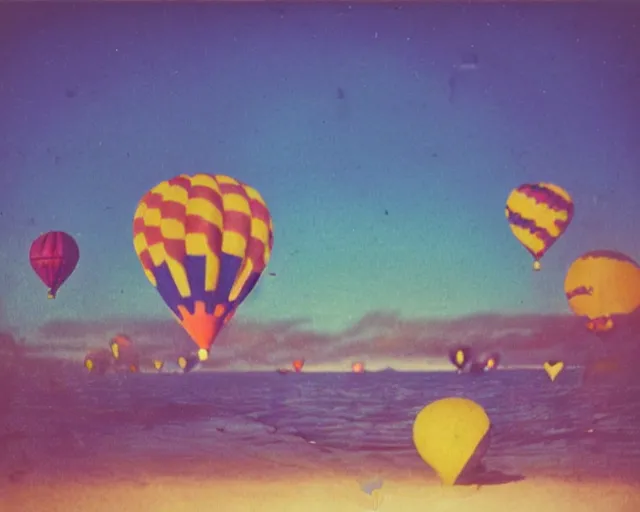 Image similar to multicolored hot air balloons floats over a beach at violet and yellow sunset, whimsical and psychedelic art style, 1 9 6 0 s, polaroid photo, grainy, expired film