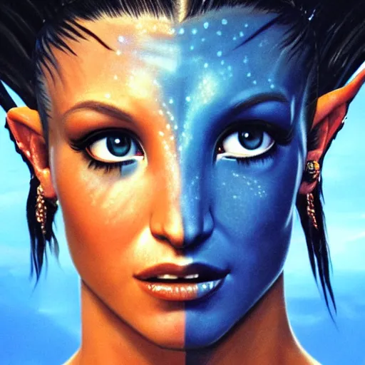 Image similar to ultra realistic portrait painting of britney spears in the movie avatar, art by frank frazetta, 4 k, ultra realistic, highly detailed, epic lighting.