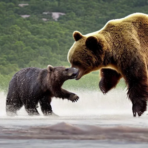 Prompt: national geographic extremely high quality photo of a dinosaur fighting a bear,