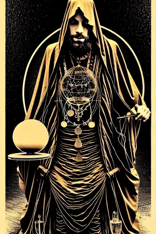 Image similar to sitting cloaked steampunk wizard holding crystal ball, high details, intricately detailed, by vincent di fate, inking, 3 color screen print, masterpiece, trending on artstation,, sharp, details, hyper - detailed, hd, 4 k, 8 k