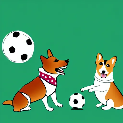 Image similar to illustration of french boy in paris playing football against a corgi who is wearing a polka dot scarf