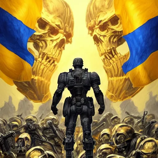 Image similar to a full body shot from distance from behind of a super soldier with a yellow and blue flag standing on a huge pile of skulls in triumph after battle, western, D&D, fantasy, intricate, elegant, highly detailed, digital painting, artstation, concept art, matte, sharp focus, symmetrical, illustration, art by Artgerm and Greg Rutkowski and Alphonse Mucha