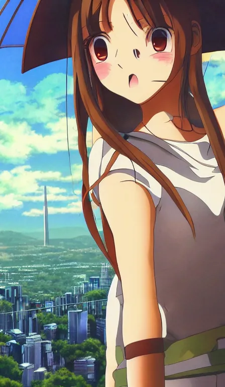 Image similar to anime fine details portrait of Makima in front of modern tokyo city landscape on the background deep bokeh, close-up view, anime masterpiece by Studio Ghibli, 8k, sharp high quality anime, artstation