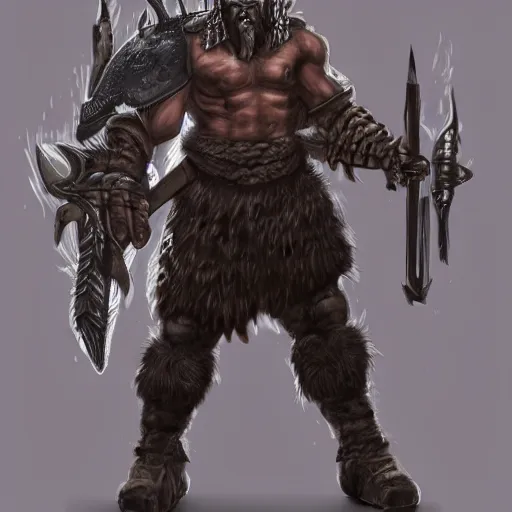 Prompt: A large half-demon barbarian wearing modern military gear, with horns on his head and shoulders, epic, realistic, 8k, detailed, fantasy, extremely detailed, masterpiece, art, dungeons and dragons, military, modern, soldier, gun, horns, demon horns, concept art, battlefield, barbarian