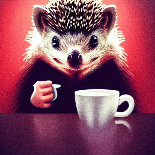 Image similar to hedgehog drinking coffee reading a paper, amazing, beautiful, perfect eyes, full body shot, portrait, vivid colors, elegant, concept art, sharp focus, digital art, Hyper-realistic, 4K, Unreal Engine, Highly Detailed, HD, Dramatic Lighting by Brom, trending on Artstation