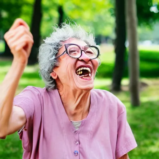 Image similar to an old woman laughing in a park. she has a thin translucent oxygen tubing under her nose