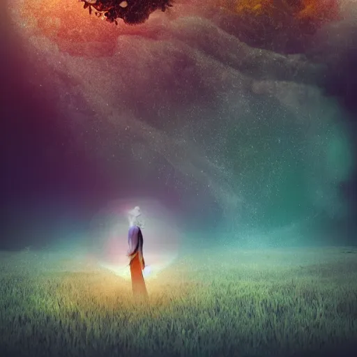 Image similar to A picture of a planet of various flowers, fungus and plants, in which the human figure is dressed in something magical and impressive, inside the picture is infinity, sunset light, Atmospheric phenomenon, artistic photography, muted colors, conceptual