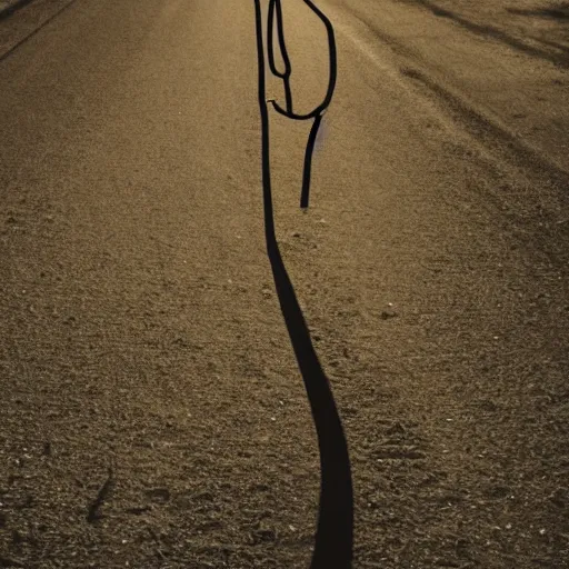 Prompt: full length photograph ropes in the shape of a man, backlit, high contrast, centered, roadway