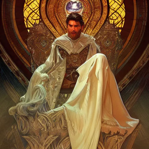 Image similar to Messi sitting on a majestic throne, closeup, D&D style, fantasy, intricate, elegant, highly detailed, digital painting, artstation, concept art, matte, sharp focus, illustration, art by Artgerm and Greg Rutkowski and Alphonse Mucha