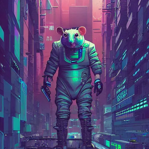 Image similar to A cyberpunk hamster cyborg on the street of a cyberpunk city art by Josan Gonzalez, sci-fi, highly detailed, digital painting, artstation, smooth, sharp focus, illustration, concept art by Josan Gonzalez and James Gurney and Mœbius