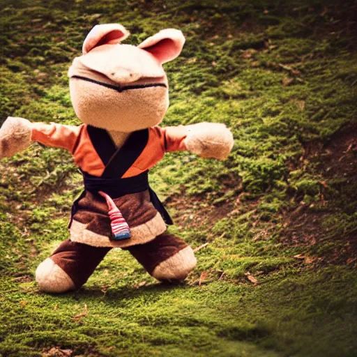 Prompt: a little brown karate loving ninja bunny that is a plush muppet wearing cool ninja clothes and practicing her karate out in nature, photorealistic, photography, ambient occlusion, rtx, national geographic