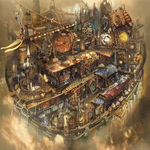 Prompt: “detailed steampunk city,with flying ships in bright colours, trending on art station, masterpiece, bustling with activity, Worth1000.net”