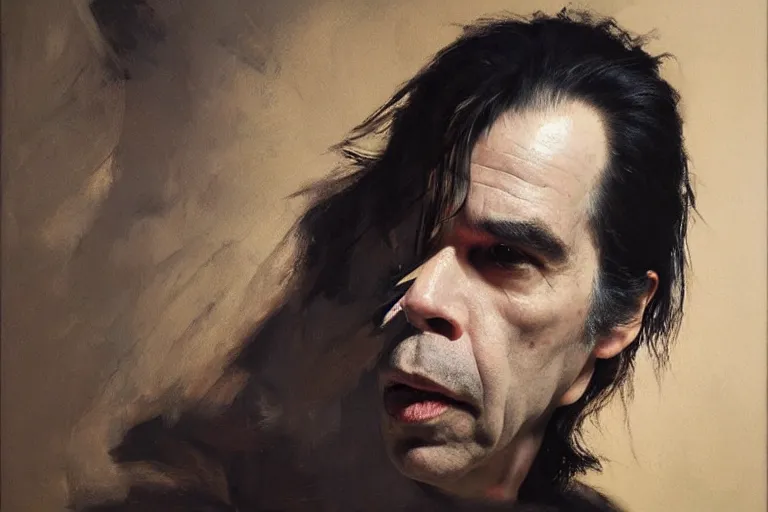 Image similar to a portrait of nick cave, masterpiece, dramatic lighting, stunning painting by ruan jia and caravaggio