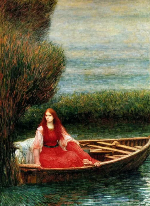 Image similar to lady of shallot in a boat by john william waterhouse, rosetti, monet, william holman hunt, 8 k