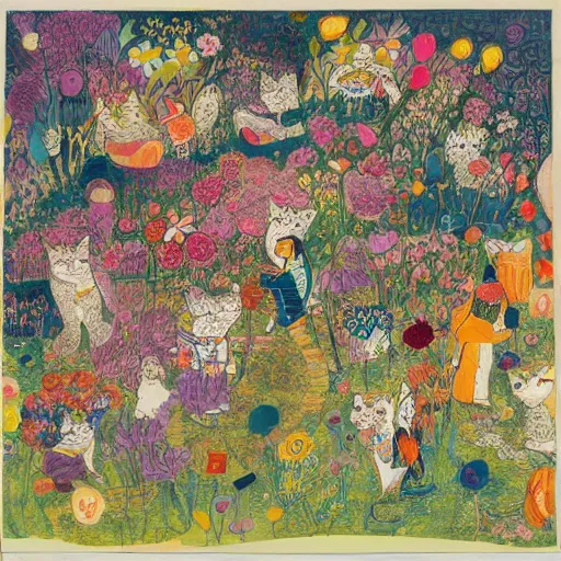 Prompt: a group of cat playing in a garden of flowers, a mix media painting by Victo Ngai, laurel burch and Leonardo da Vinci, cluttered , child's drawing