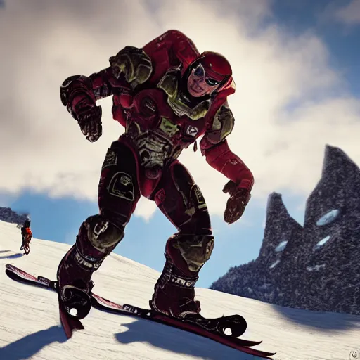 Image similar to Doom Slayer on skis mid jump