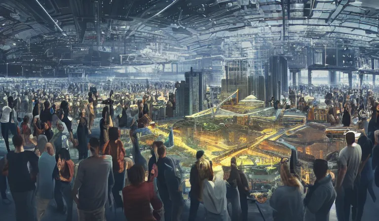 Prompt: large group people in a frame warehouse, looking at hologram of futuristic city on a table, cinematic concept art, godrays, golden hour, natural sunlight, 4 k, clear details, tabletop model buildings, center model buildings, hologram center, crane shot, crane shot, crane shot