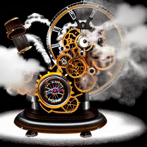 Image similar to a clockwork mechanical bull there are gears sticking out of the mechanical bull steam emanates from the robotic bull and thick clouds of steam swirl around the clockwork bull, ultra high detail, high particle effects, highly reflective surface, realistic reflections