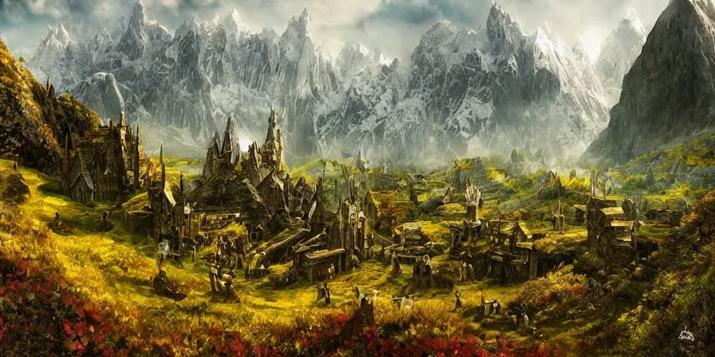 Image similar to a beautiful middle earth landscape by barbara remington