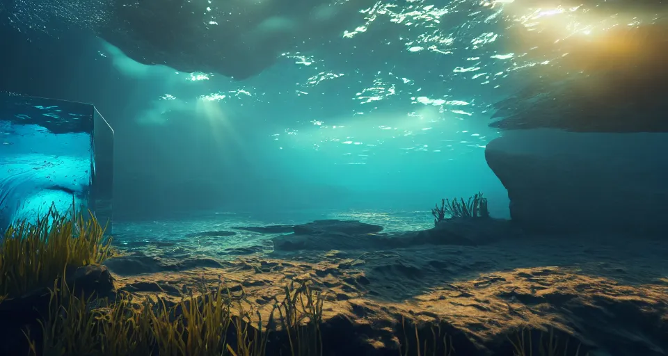 Image similar to underwater, atmospheric, dof, crystal water, wide angle, volumetric dynamic lighting, ethereal, very coherent composition, masterpiece, octane render, god rays, rtx on, trending on cgsociety and artstation
