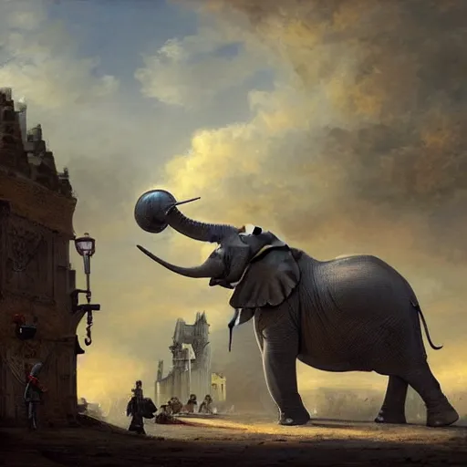 Prompt: elephant with a cannon in place of its head, men in napoleonic uniforms operate cannon on a platform around the elephant's neck, the elephant walks through the streets of a medieval city, illustration, rpg, hubert robert, dying earth, body horror