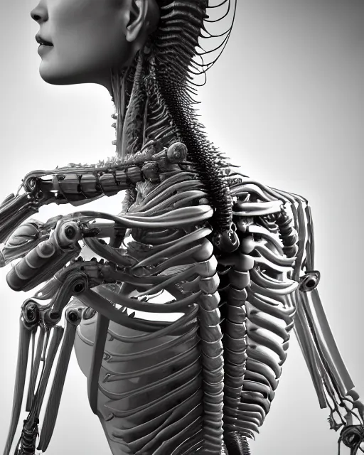 Image similar to raw bw 3 d redshift render flesh biomechanical intricate spinal ribbed jelly body detail of mechanical female vegetal - cyborg, beautiful insanely detailed, digital art, octane render, 8 k artistic photography, photo - realistic, unreal engine