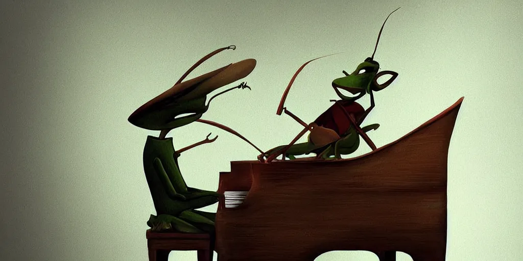 Image similar to jiminy cricket playing a piano like a human, digital art, artstation