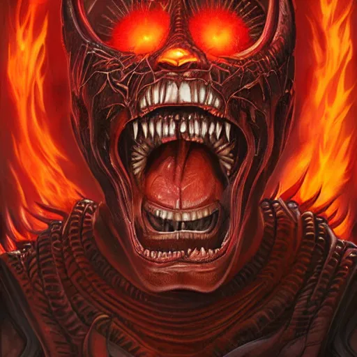 Prompt: doom demon giger portrait, fire and flame, sharp teeth and big smile, Pixar style, by Tristan Eaton Stanley Artgerm and Tom Bagshaw.