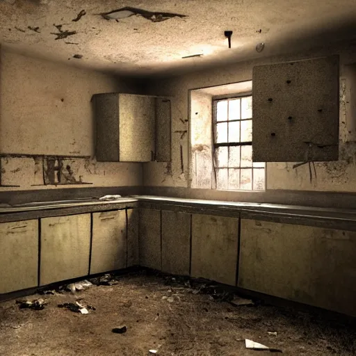 Prompt: a photograph of an abandoned kitchen in Silent Hill, in the style of Saul Leiter 8k high definition