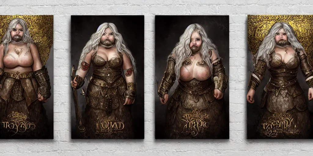 Image similar to triptych of elderly female feminine bearded dwarven heavyset fighter with curly long grey hairstyle, her full beard is long and plaited style, she has wrinkled skin and is wearing full black platemail armor with intricate slight gold trim by rossdraws, triptych format