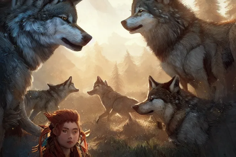 Image similar to photo of Aloy surrounded by happy wolves, highly detailed, photorealistic, reflections, smooth, sharp focus, concept art, illustration, beautiful, geometric, trending on artstation, cinematic, featured on behance , artwork by WLOP and Tran, Ross