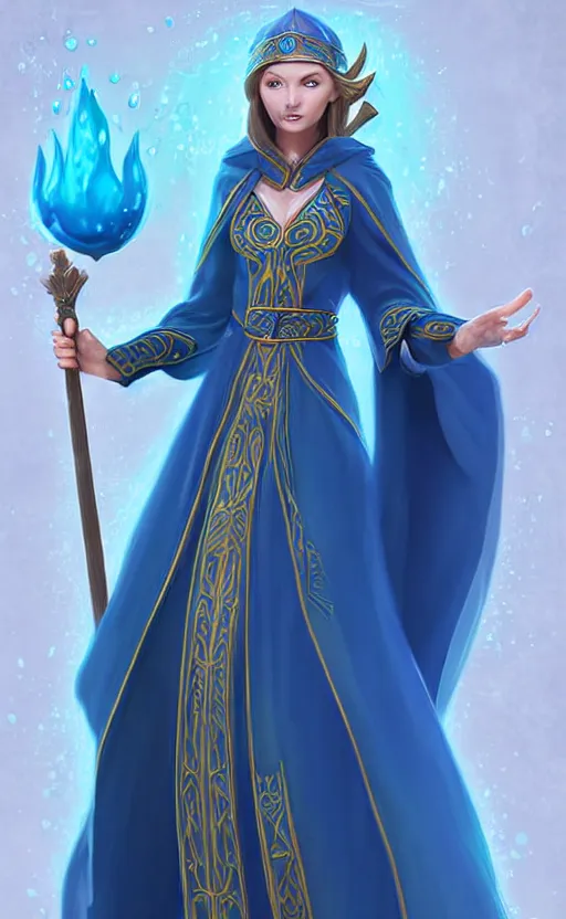 Image similar to elf female sorcerer doing water magic spells, blue robes, exquisite details, full body character design on a white background, by studio muti