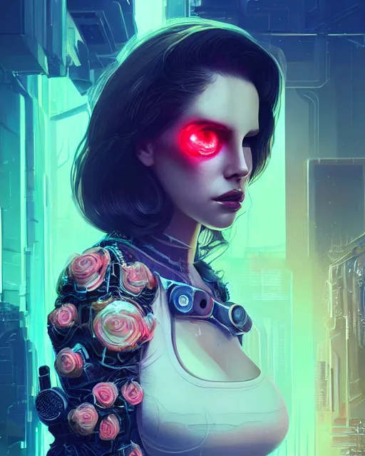 Image similar to portrait of lana del rey as a cyberpunk cyborg. roses, sci - fi, intricate abstract, upper body, intricate artwork, by tooth wu, wlop, beeple, dan mumford. concept art, 8 k octane render, deviantart, greg rutkowski, cinematic, key art, hyperrealism, iridescent accents