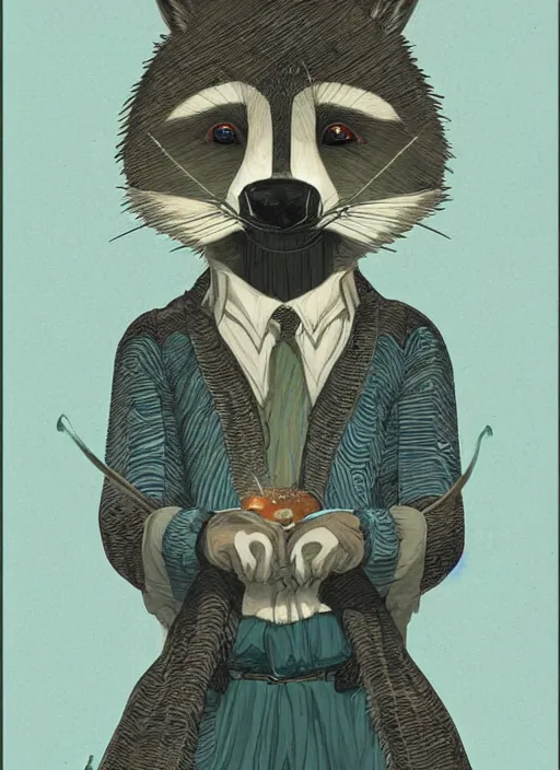 Image similar to a fantasy illustration portrait of an anthropomorphic raccoon mage, by victo ngai, by stephen gammell, by george ault, in the style of animal crossing, artstation