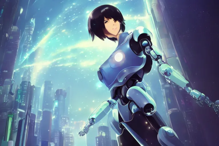 Prompt: makoto shinkai. robotic android girl. futuristic cyberpunk. dystopia. vibrant nebula sky. full robotic andorid body. body