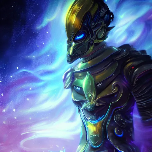 Prompt: photorealistic fantasy cosmic concept art of a cosmic nebula God in dark matter armor hovering in a unknown galaxy, fully body portrait, cinematic, dynamic lighting, ultra detailed, creative, trending on art station