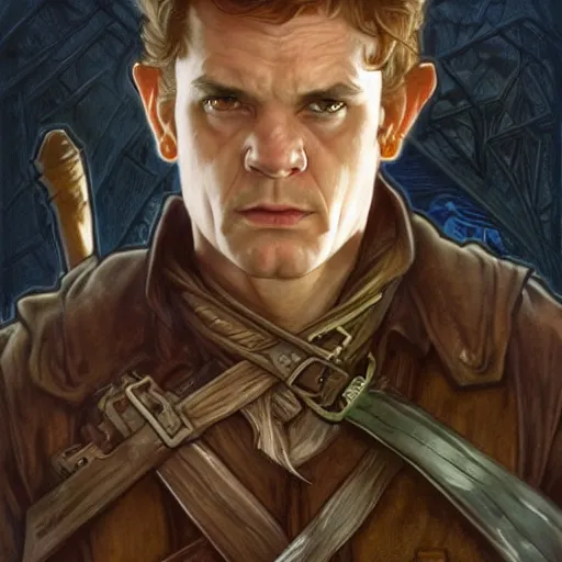 Image similar to full body portrait, scowling halfling male rogue, shifty watchful eyes, untrusting paranoid stare, poorly dressed, fantasy, highly detailed, digital painting, sharp focus, hand - drawn character concept illustration, art by artgerm, john howe and alphonse mucha