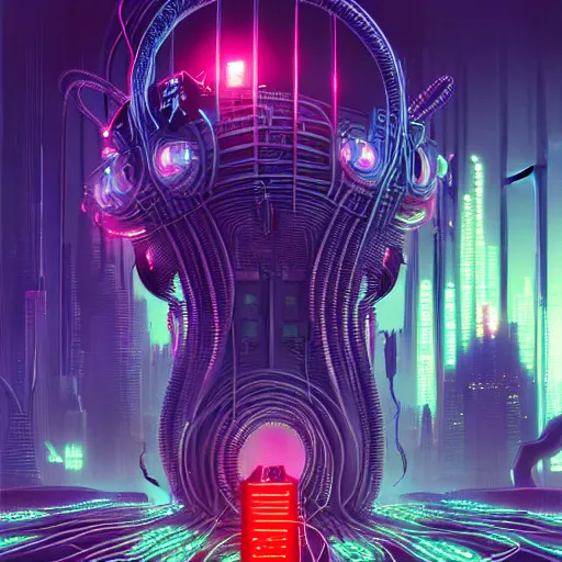 Image similar to cats cyborg inside an scifi tentacles wires futuristic city, beautiful neon cats, cinematic, highly detailed, photorealistic, rich bright colors, trending on artstation, giger, tsutomu nihei, trending on cgsociety, awe inspiring bruce pennington cityscape, digital art painting of 1 9 6 0 s