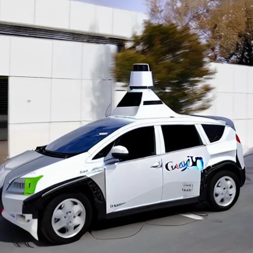 Prompt: weaponized self driving car by google equipped with multiple rocket launcher system