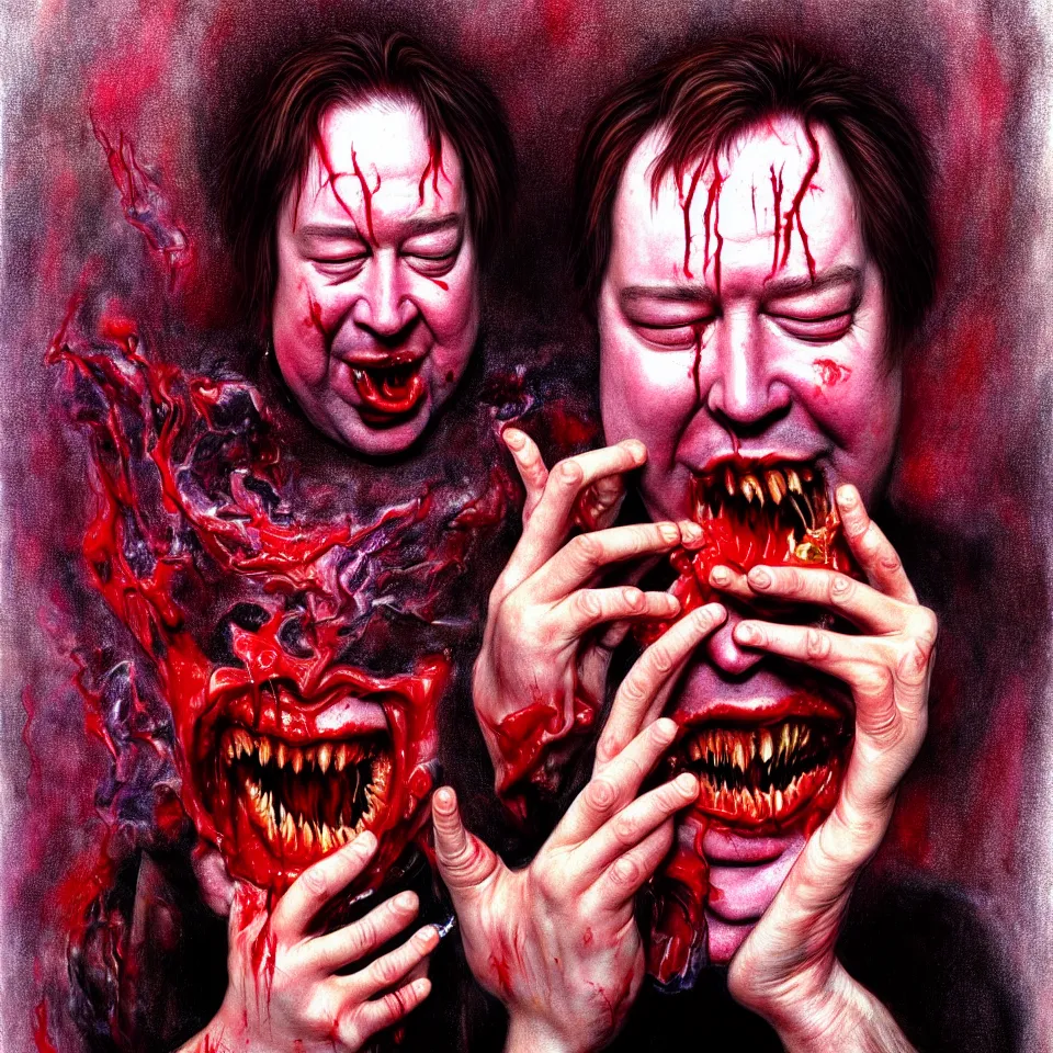 Image similar to weird and disturbing psychedelic bill hicks eating rotten flesh, laughing and puking blood, diffuse lighting, fantasy, intricate, elegant, highly detailed, lifelike, photorealistic, digital painting, artstation, illustration, concept art, smooth, sharp focus, art by francis bacon