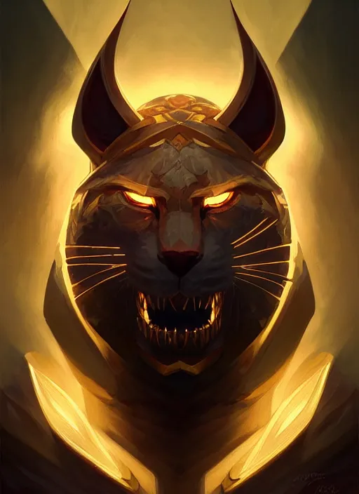Image similar to symmetry!! portrait of rengar, league of legends, glowing lights!! intricate, elegant, highly detailed, digital painting, artstation, concept art, smooth, sharp focus, illustration, art by artgerm and greg rutkowski and alphonse mucha