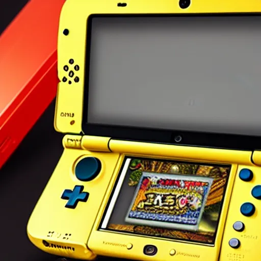 Image similar to a hyper, coherent photoshoot of a golden nintendo 3 ds system