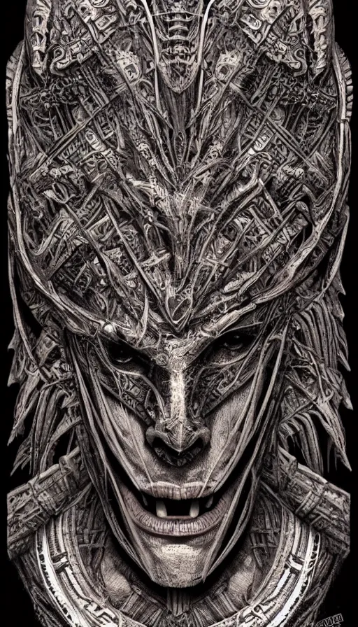 Image similar to immortal alien emperor hybrid aztec fantasy beautiful angellic symmetrical elven face mask tattoo pattern concept, teonanacatl glyph, intricate artwork by, Johnatan Wayshak, Zdizslaw Beksinski, face by Artgerm, H.R. Giger, very coherent artwork, cinematic, hyper realism, high detail, octane render, unreal engine, 8k, High contrast, higly detailed black ink outline, crosshatch sketch gradient