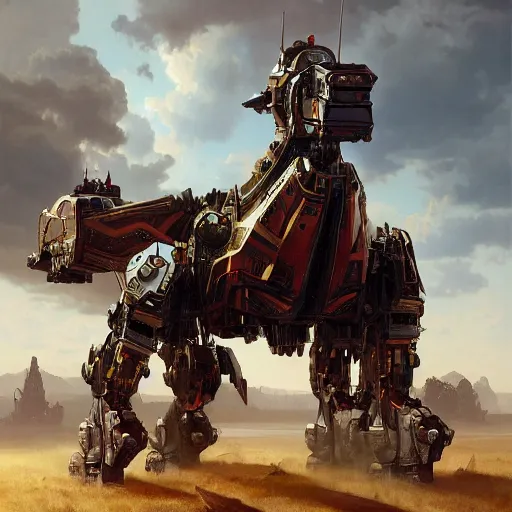 Image similar to epic painting of a realistic four - legged intricate battle robot, rule of thirds, golden ratio, subject in center of frame, trending on artstation, detailed science fiction matte painting by artgerm and greg rutkowski and alphonse mucha,
