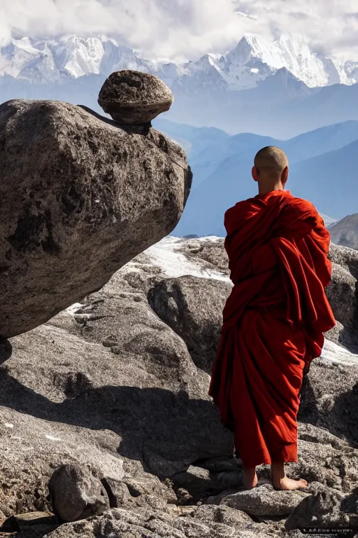 Prompt: A monk with his back to the camera sits beside a rock on a distant top of the mountain, looking at the snowy Himalayas in the distance, faith,4k, realistic,photography,landscape,high contrast,ISO100,EF200,trending on artstation.