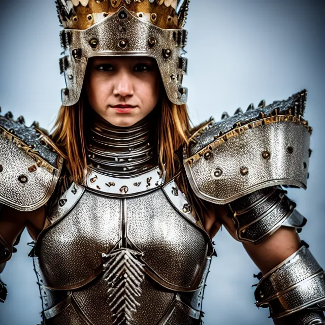 Prompt: full body photo of a beautiful cute strong warrior queen wearing diamond encrusted armour, highly detailed, 8 k, hdr, smooth, sharp focus, high resolution, award - winning photo