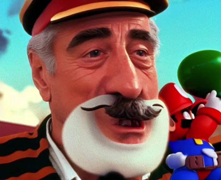 Image similar to a still of robert deniro with a mustache in super mario bros ( 1 9 9 3 ), 4 k, hi - res