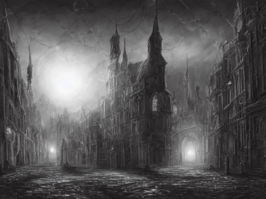 Prompt: An 18th century (lovecraftian) gothic city at night with a star filled sky. Greasy luminescent cables are emerging from cracks on the ground. Highly detailed, digital painting, gloomy, concept art, low angle shot, super wide shot, ((fish eye)), 4k.